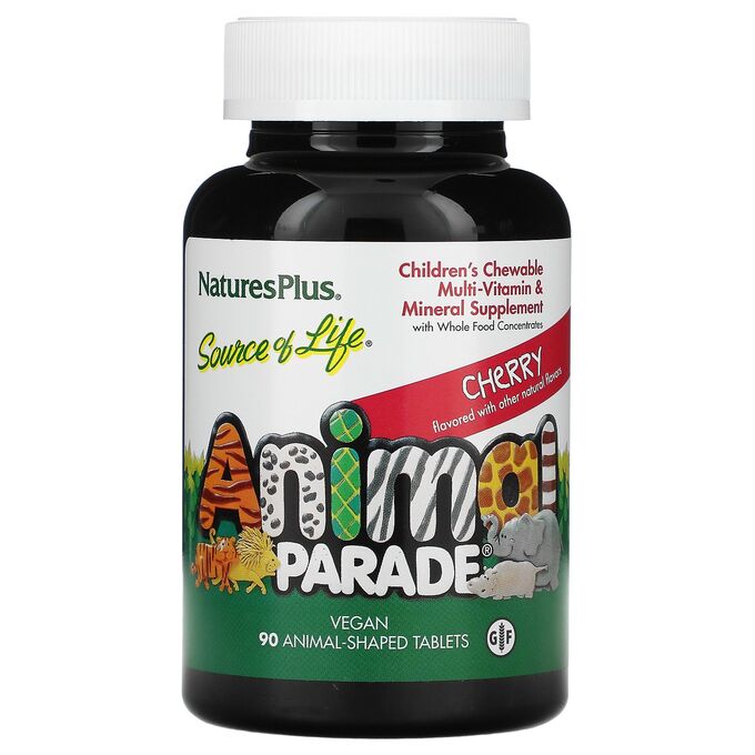 Nature&#039;s Plus, Source of Life, Animal Parade Gold, жевательные мультивитамины с микроэлементами для детей, со вкусом вишни, 90 таблеток в форме животных