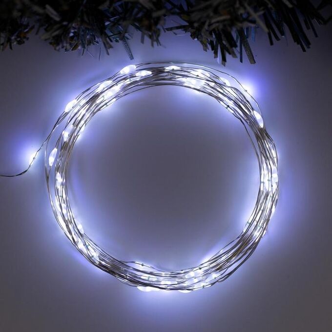 Luazon Lighting Гирлянда «Нить» 5 м роса, IP20, серебристая нить, 100 LED, 2 режима, батарейки AAх3 (нет в комплекте), свечение белое