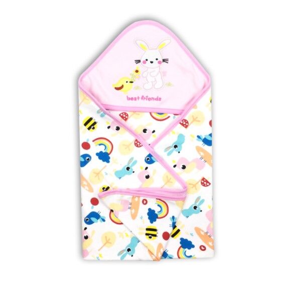 Конверт для новорожденного, принт &quot;Разноцветные зайцы и радуга&quot;, цвет белый/розовый