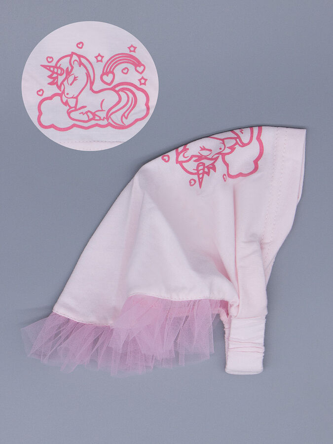 Косынка для девочки на резинке с розовыми рюшами из фатина, единорог на облаке, светло-розовый