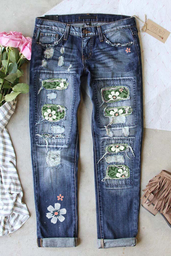 Голубые прямые джинсы с высокой талией с зеленым леопардовым и цветочным принтом в стиле пэчворк
