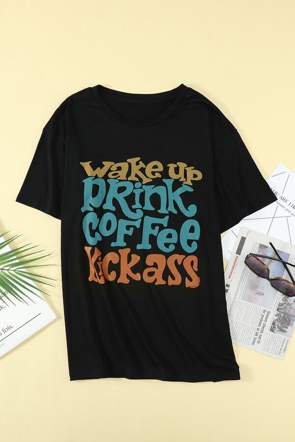 VitoRicci Черная футболка плюс сайз с разноцветной надписью: WAKE UP DRINK COFFEЕ KICKASS