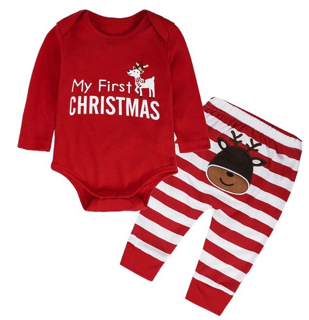 Детские костюм, боди и штаны, принт &quot;Олень&quot;, надпись &quot;My First Christmas&quot;, цвет красный/белый