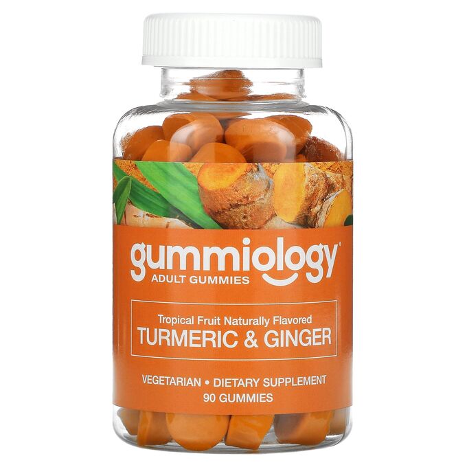 Gummiology, жевательные таблетки с куркумой и имбирем, для взрослых, вкус тропических фруктов, 90вегетарианских жевательных таблеток