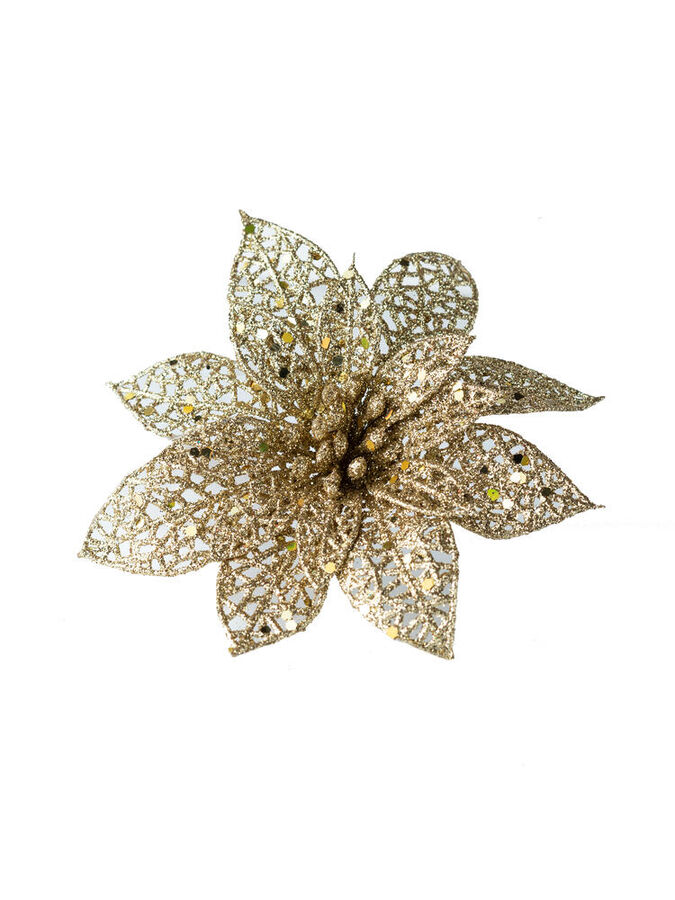 Новогоднее ёлочное украшение Цветок золотая сетка из полиэстера, на клипсе из черного металла 12x12x12см арт.87489
