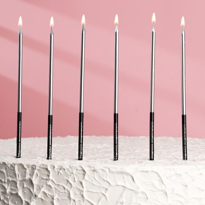 Свечи в торт &quot;Праздник&quot;, 6 шт, 16 см, серебро с чёрным
