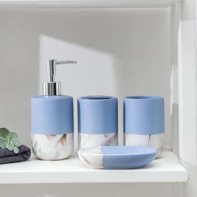 СИМА-ЛЕНД Набор аксессуаров для ванной комнаты «Лалли», 4 предмета (мыльница, дозатор для мыла, 2 стакана), цвет голубой