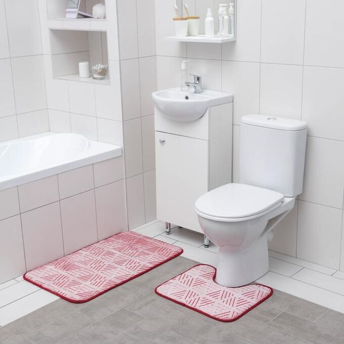 Набор ковриков для ванной и туалета «Светящиеся грани», 2 шт: 50?80, 50?40 см, цвет бордовый