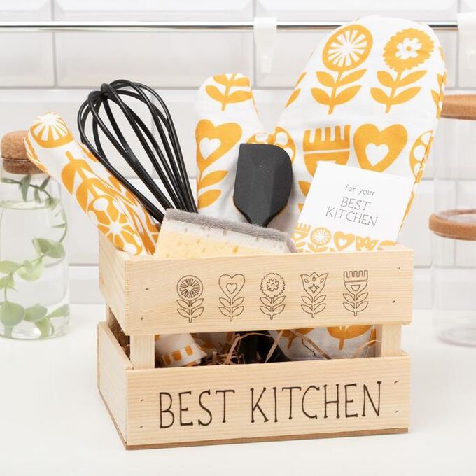 Этель Набор подарочный Best kitchen: полотенце, варежка-прихватка, кухонная лопатка, венчик, губка