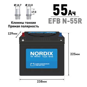 АКБ NORDIX EFB 55 Ah R (N-55R/70B24R) CCA 460A, 238*129*225, необслуж., мл.клемма (1/96)