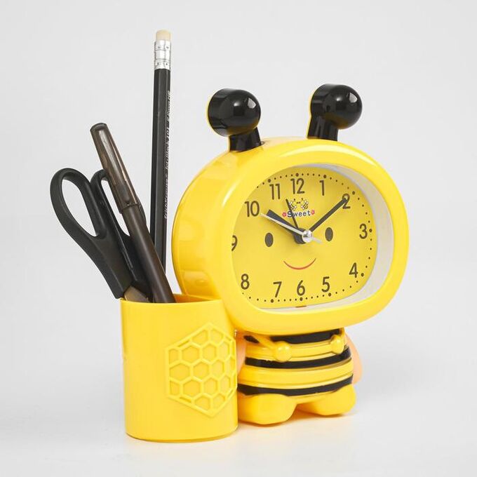 Будильник &quot;Пчела&quot;, с карандашницей, дискретный ход, d=9 см, 14.5 х 14 см, желтый