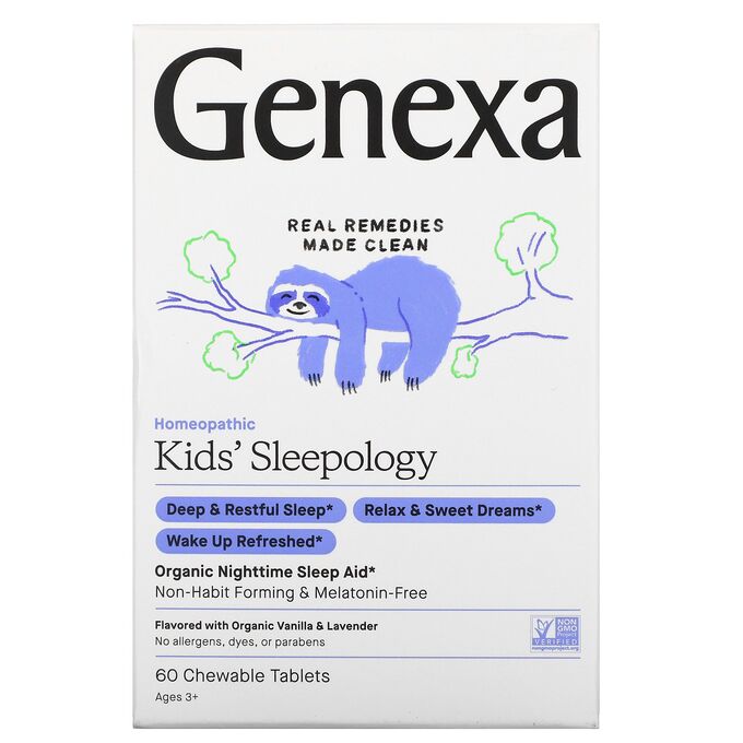 Genexa, Kid&#039;s Sleepology, органическая добавка для нормализации ночного сна, вкус ванили и лаванды, для детей от 3 лет, 60 жевательных таблеток
