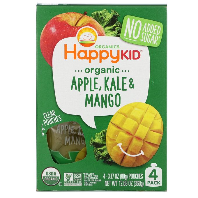 iherb Happy Family Organics, Happy Kid, органическое яблоко, капуста и манго, 4 пакетика по 90 г (3,17 унции)