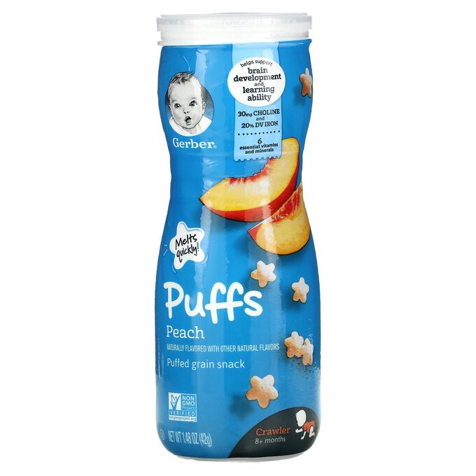 iherb Gerber, Puffs, Puffed Grain Snack, 8+ Months, Peach, 1.48 oz (42 g)