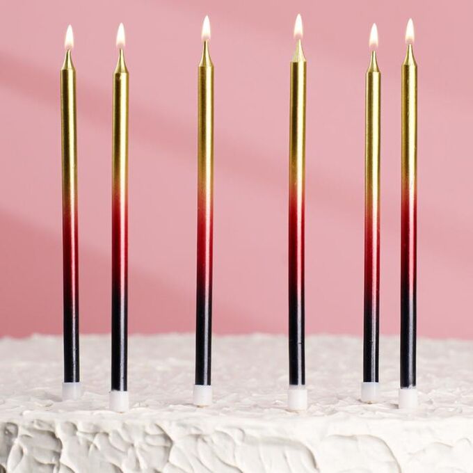 Свечи в торт &quot;Радость. Градиент&quot;, 6 шт, высокие, 13 см, чёрный, бордовый, золотой