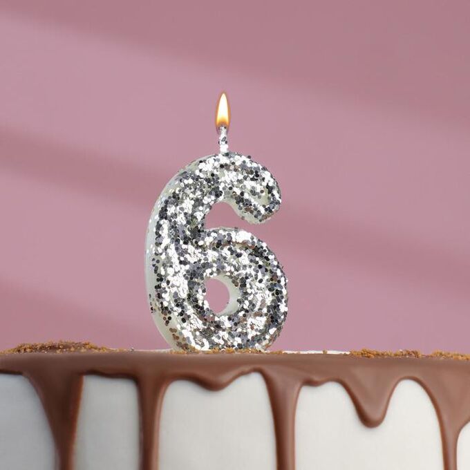 Свеча в торт «Блестки», цифра &quot;6&quot;,серебро, 6.5х4