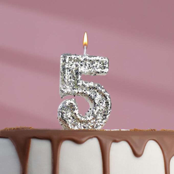 Свеча в торт «Блестки», цифра &quot;5&quot;, серебро, 6.5х4