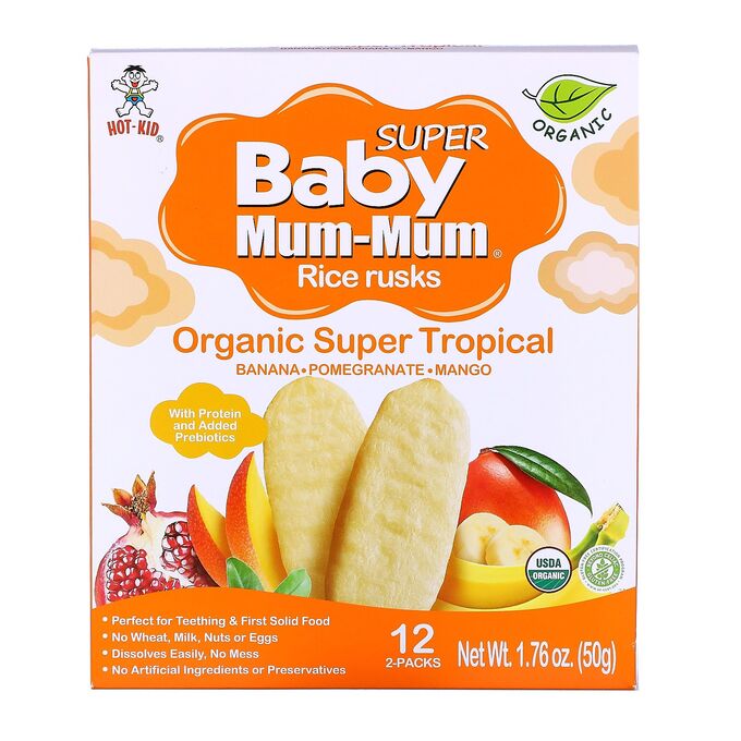 iherb Hot Kid, Baby Mum-Mum, рисовые галеты, органические тропические фрукты, 12 упаковок по 2 шт. по 50 г (1,76 унции)