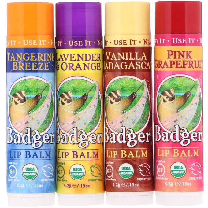 iherb Badger Company, Органические классические карандаши-бальзам для губ, зеленая коробка, 4 карандаша-бальзама, 4,2 г (0,15 унции) каждый