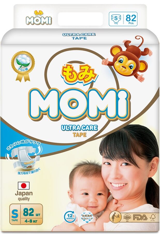 MOMI Ultra Care подгузники   S (4-8 кг). 82  шт