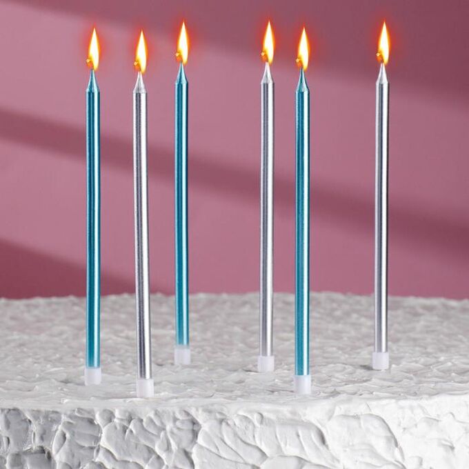 Свечи в торт &quot;Ройс&quot;, 6 шт, высокие, 13 см, серебряные и голубые