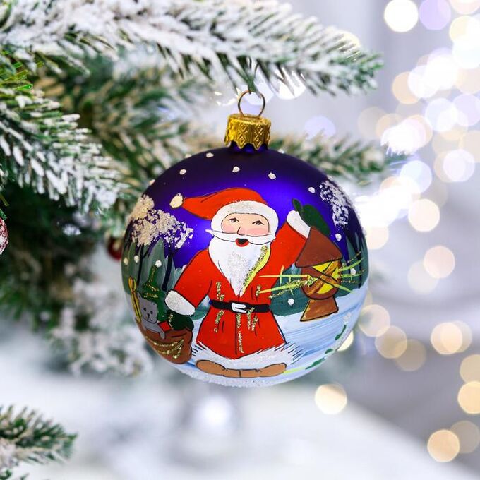 Ёлочная игрушка Шар &quot;Дед Мороз с фонарем&quot;, 80 мм, стекло, ручная роспись