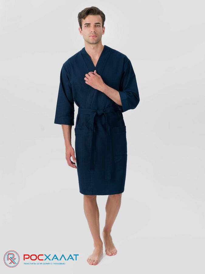 Росхалат Мужской укороченный вафельный халат с планкой темно-синий В-05 (28)