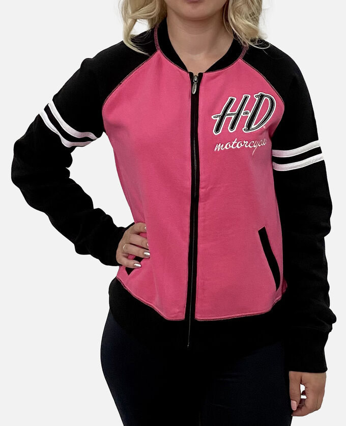 Женский бомбер Harley-Davidson – яркий молодежный тренд с фирменным лого и спортивными полосками на рукавах №1010