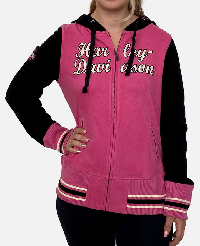 Розово-черная женская толстовка Harley-Davidson – капюшон, широкие манжеты-резинки, брендовые вышивки №1004