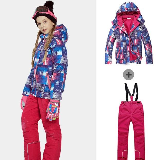 Детский лыжный костюм (сине-розовая куртка и красные штаны)