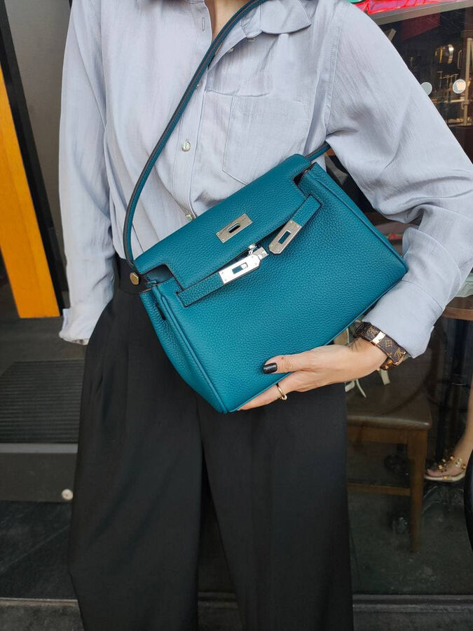 Кожаная женская сумка-портфель, цвет бирюзово-зеленый