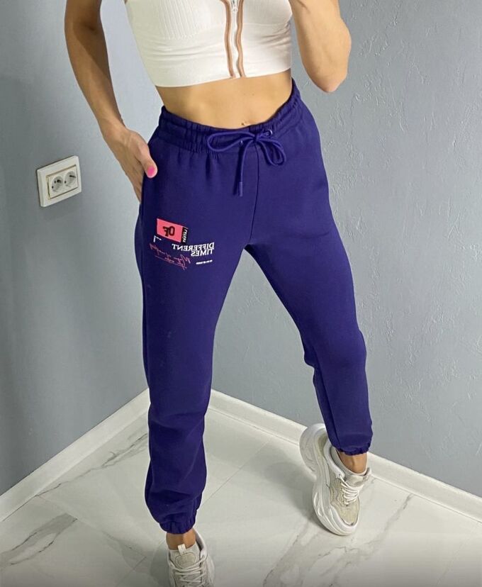 Спортивные штаны женские 8508 "Однотон Надписи ФЛИС" Фиолетовые