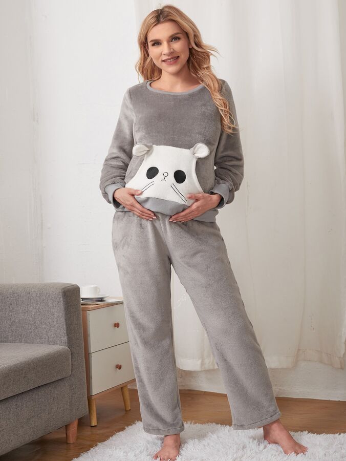 SheIn Фланелевый домашний комплект с мультипликационной вышивкой в форме 3D для беременных