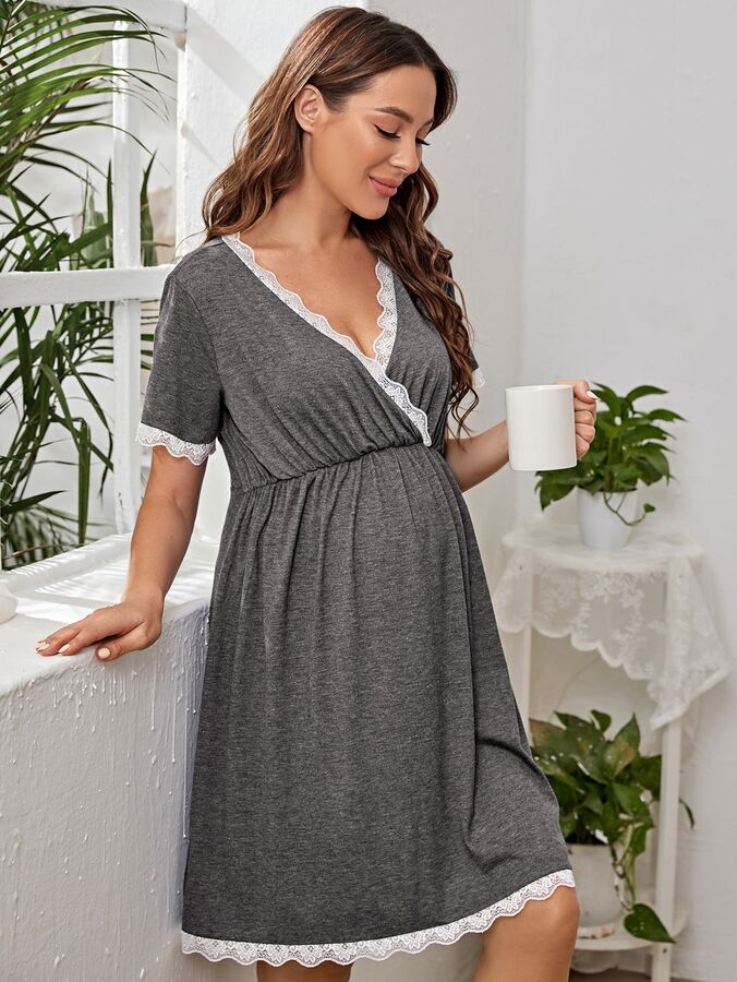 SheIn Домашнее платье с кружевной отделкой для беременных