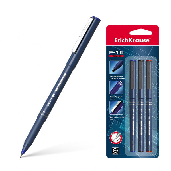 СТАММ Ручка капиллярная &quot;ErichKrause F-15&quot; синяя,черная,красная в блист. 3шт арт. ЕК-37176