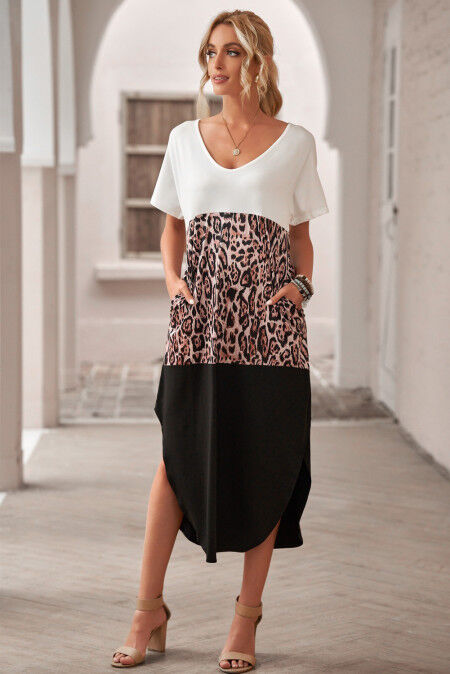 Черно-белое длинное платье-футболка с леопардовым принтом