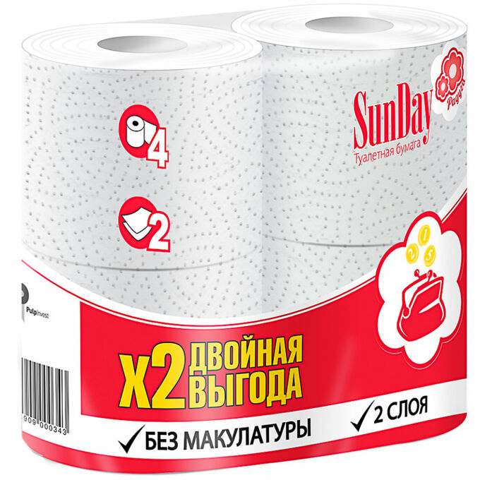 Pulp Туалетная бумага SunDay 2-х слойная белая, 4шт