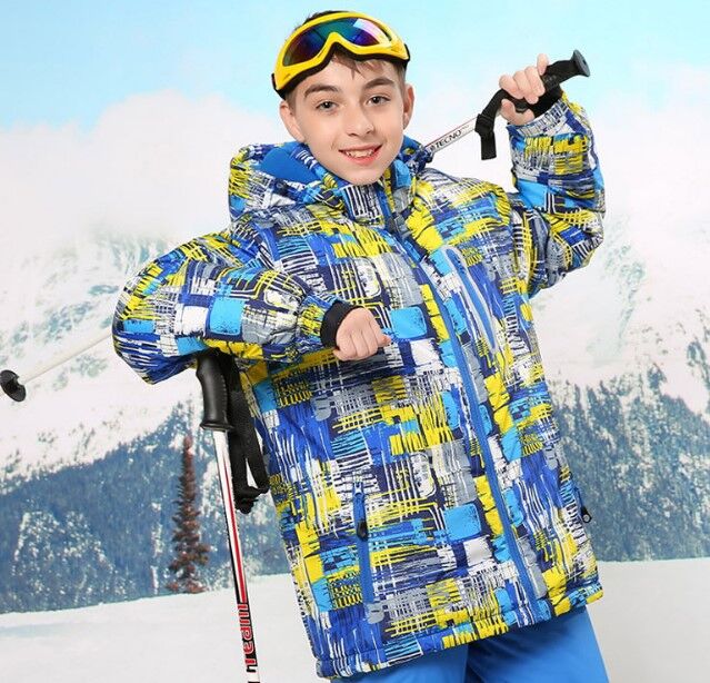 Детская зимняя мембранная куртка с принтом, цвет синий/желтый