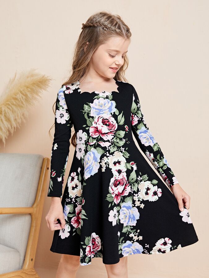SheIn Платье с цветочным принтом с фестончатой отделкой для девочек