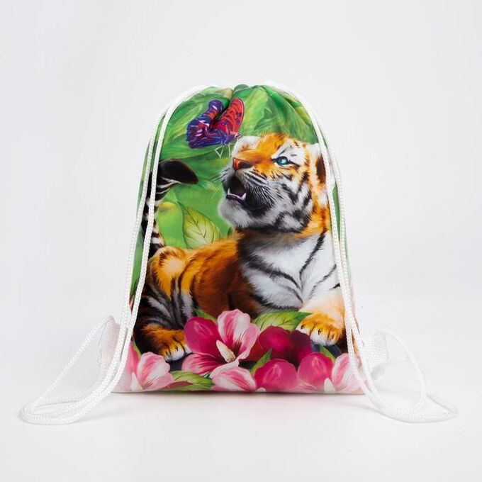 Мешок-рюкзак новогодний, 21 ? 29 см, отдел на шнурке, цвет зелёный, «Тигрёнок с бабочкой»