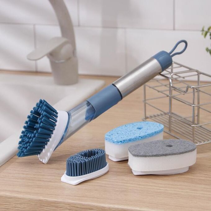 СИМА-ЛЕНД Набор для чистки посуды «Практик», ручка-дозатор, 4 щётки, держатель-стойка, цвет синий