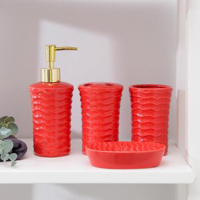 Набор аксессуаров для ванной комнаты Доляна «Волны», 4 предмета (дозатор 300 мл, мыльница, 2 стакана), цвет красный