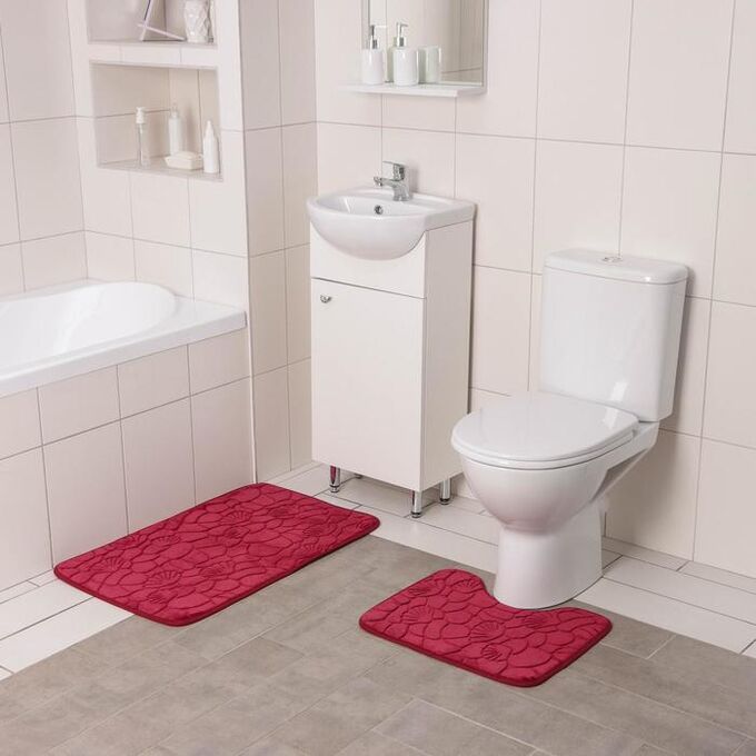 Набор ковриков для ванны и туалета  «Галька, ракушки», 2 шт: 40?50, 50?80 см, цвет бордовый