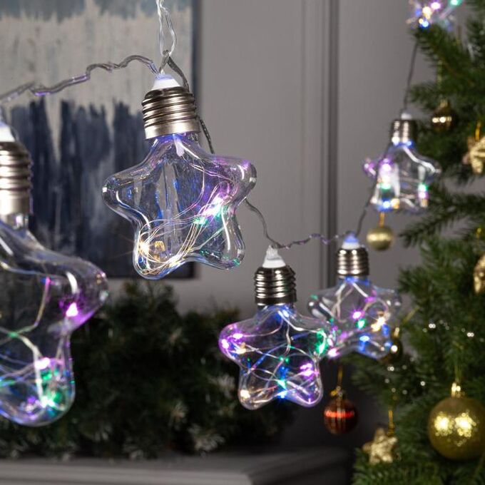Luazon Lighting Гирлянда «Нить» 3 м с насадками «Лампочки звёздочки», IP20, прозрачная нить, 80 LED, свечение мульти, 8 режимов, 220 В