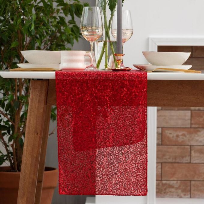 Этель Дорожка с пайетками на стол, цв.красный, 30*120 см