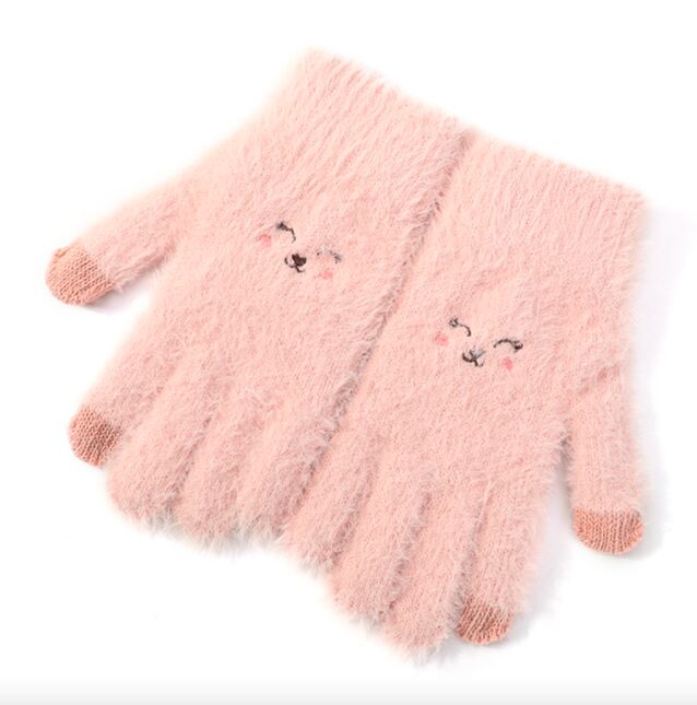 Женские вязаные перчатки, цвет розовый, принт котик