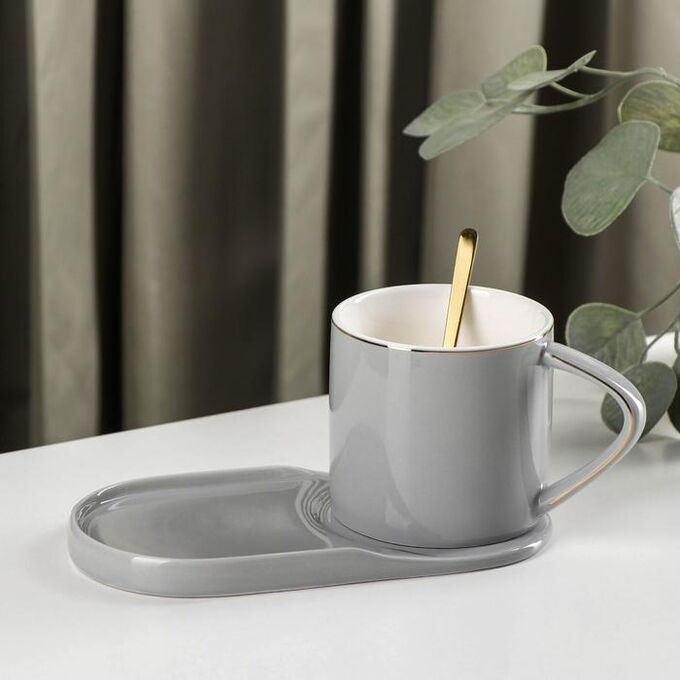 Чайная пара керамическая с ложкой «Карамель», чашка 280 мл, блюдце 18?9 см, цвет серый