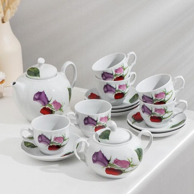 Добрушский фарфоровый завод Сервиз чайный «Королева цветов», 14 предметов: чайник 1 л, сахарница 600 мл, 6 чашек 250 мл, 6 блюдец d=14 см