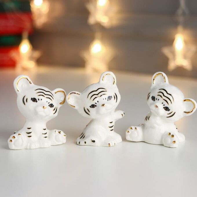 СИМА-ЛЕНД Сувенир керамика &quot;Белый тигрёнок&quot; с золотом набор 3 шт 6,3х5,2х3,7 см