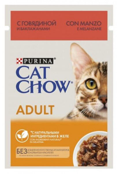 Cat Chow влажный корм для кошек Говядина+баклажаны в желе 85гр пауч АКЦИЯ!